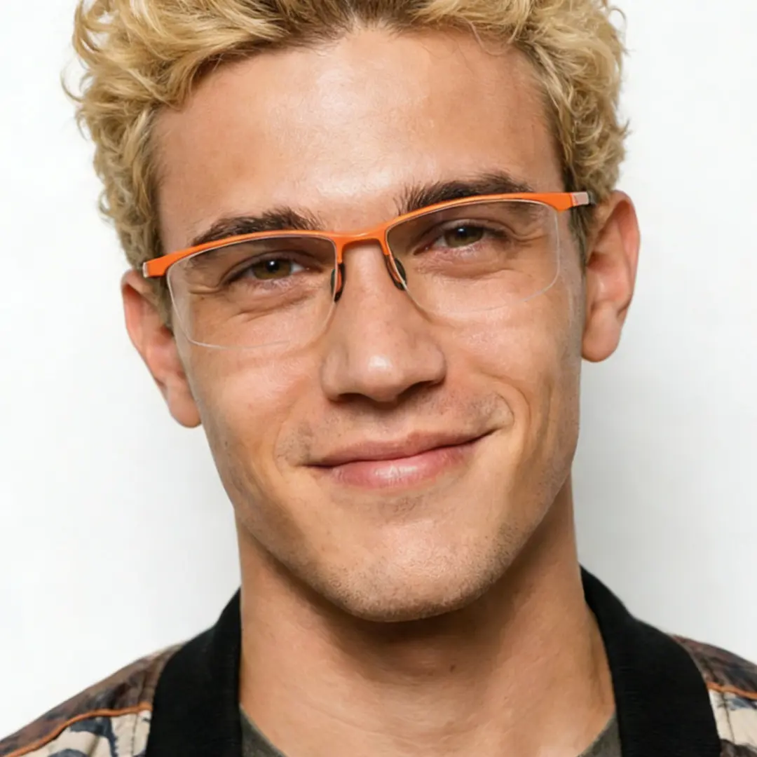 Tilted head view of male wearing orange browline eyeglasses, smiling, BT0052407