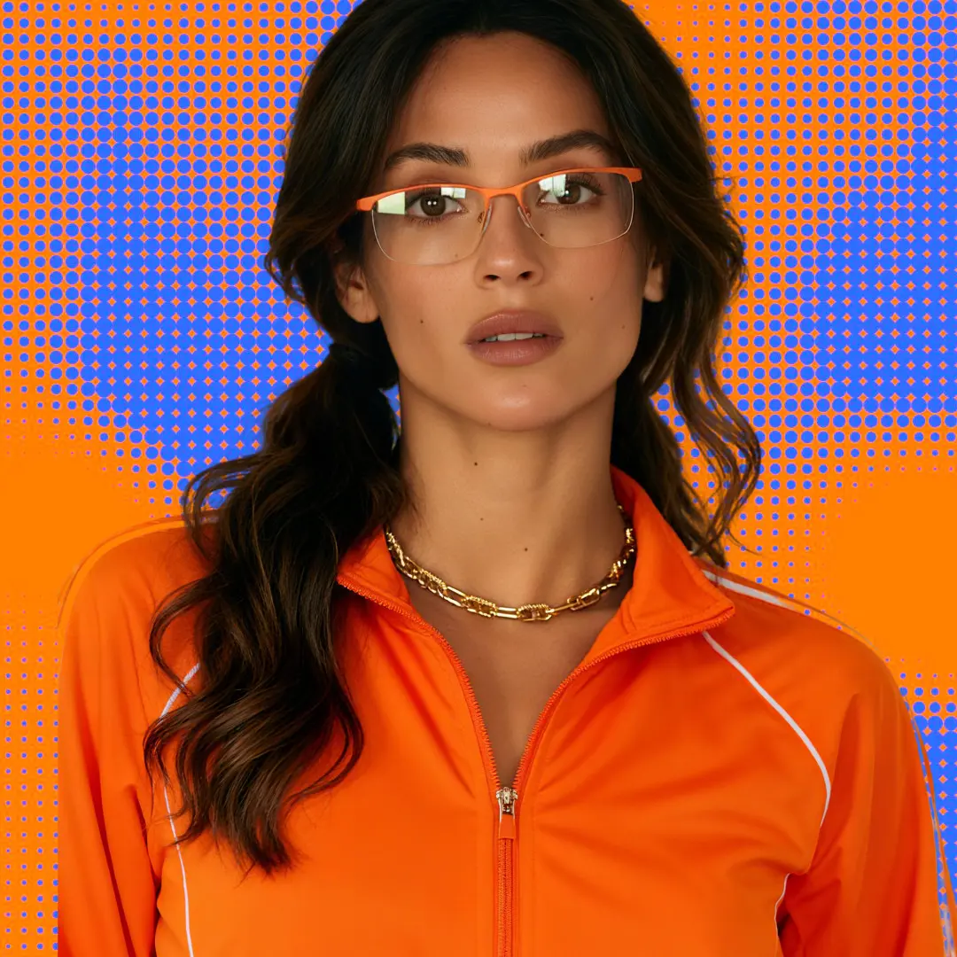 Front view of female wearing orange browline eyeglasses, neutral expression, BT0052407