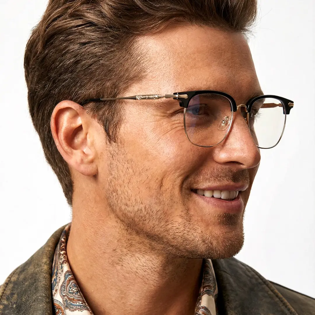 Profile view of male wearing black browline eyeglasses, natural smile, BX0392509
