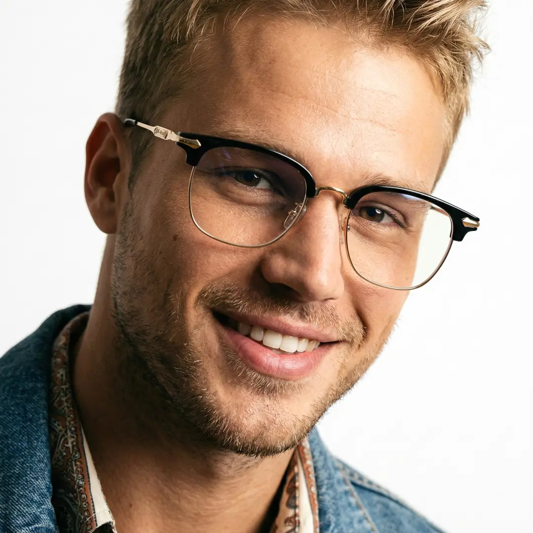 Three-quarter view of male wearing black browline eyeglasses, smiling, BX0392509