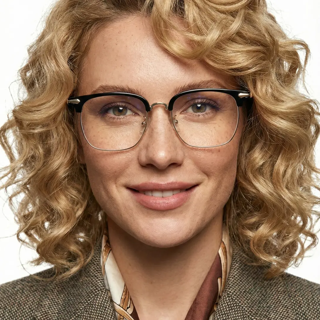Front view of female wearing black browline eyeglasses, neutral expression, BX0392509