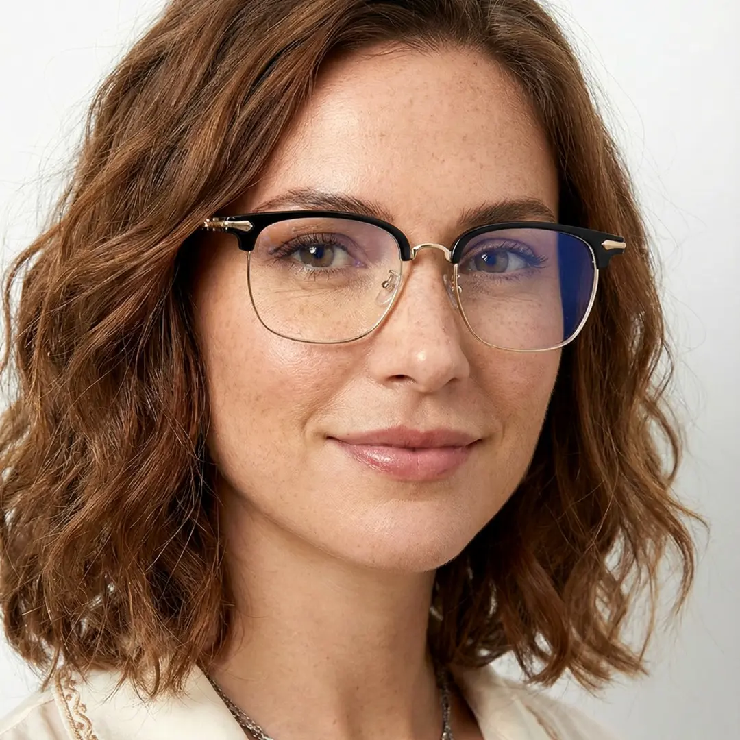 Three-quarter view of female wearing black browline eyeglasses, relaxed expression, BX0392509
