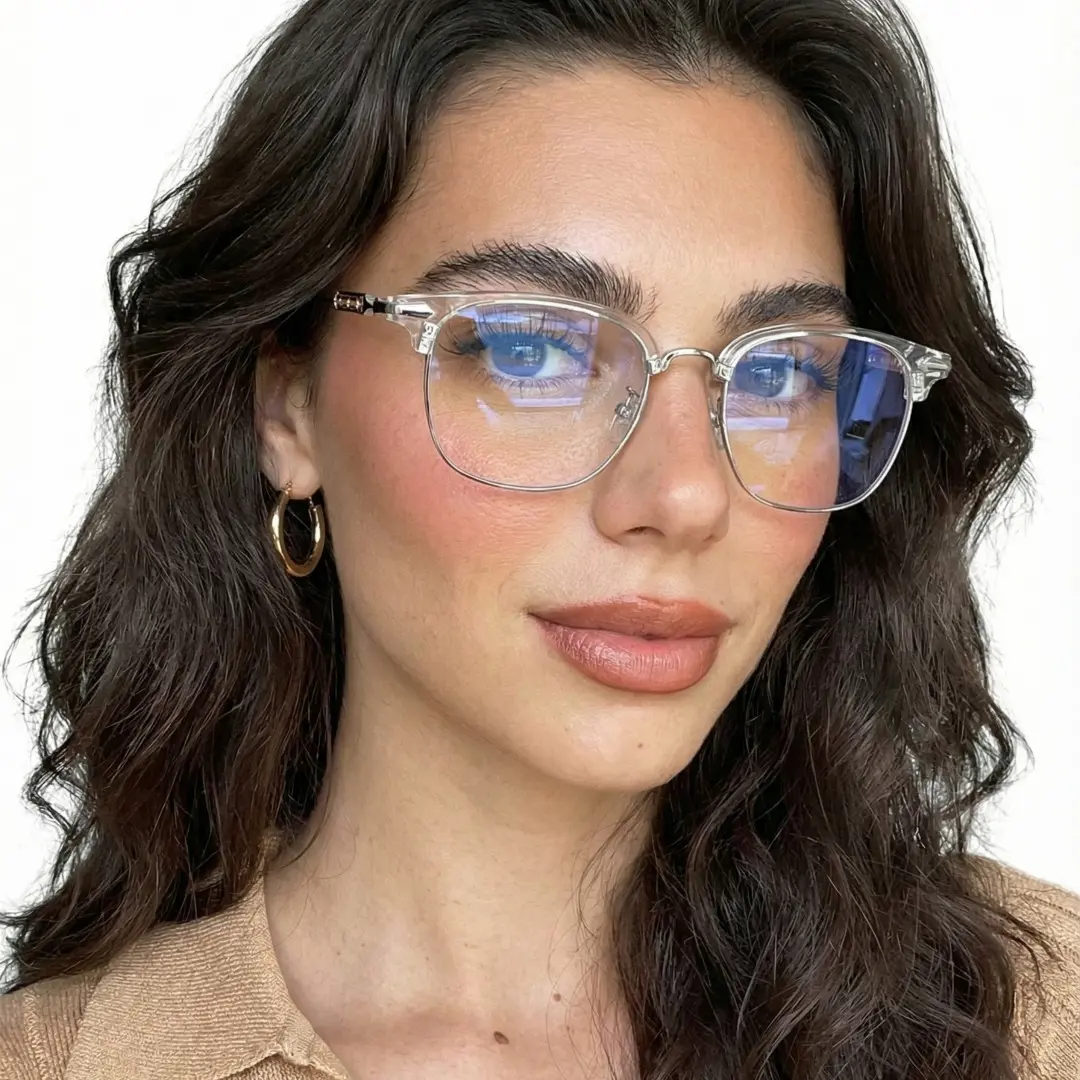Profile view of female wearing clear browline eyeglasses, neutral expression, BX0392509