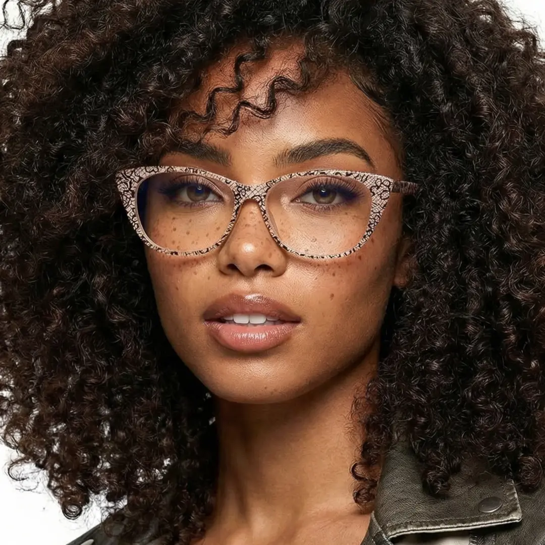 Front view of female wearing brown cat eye eyeglasses, open mouth, neutral expression, CA0012208