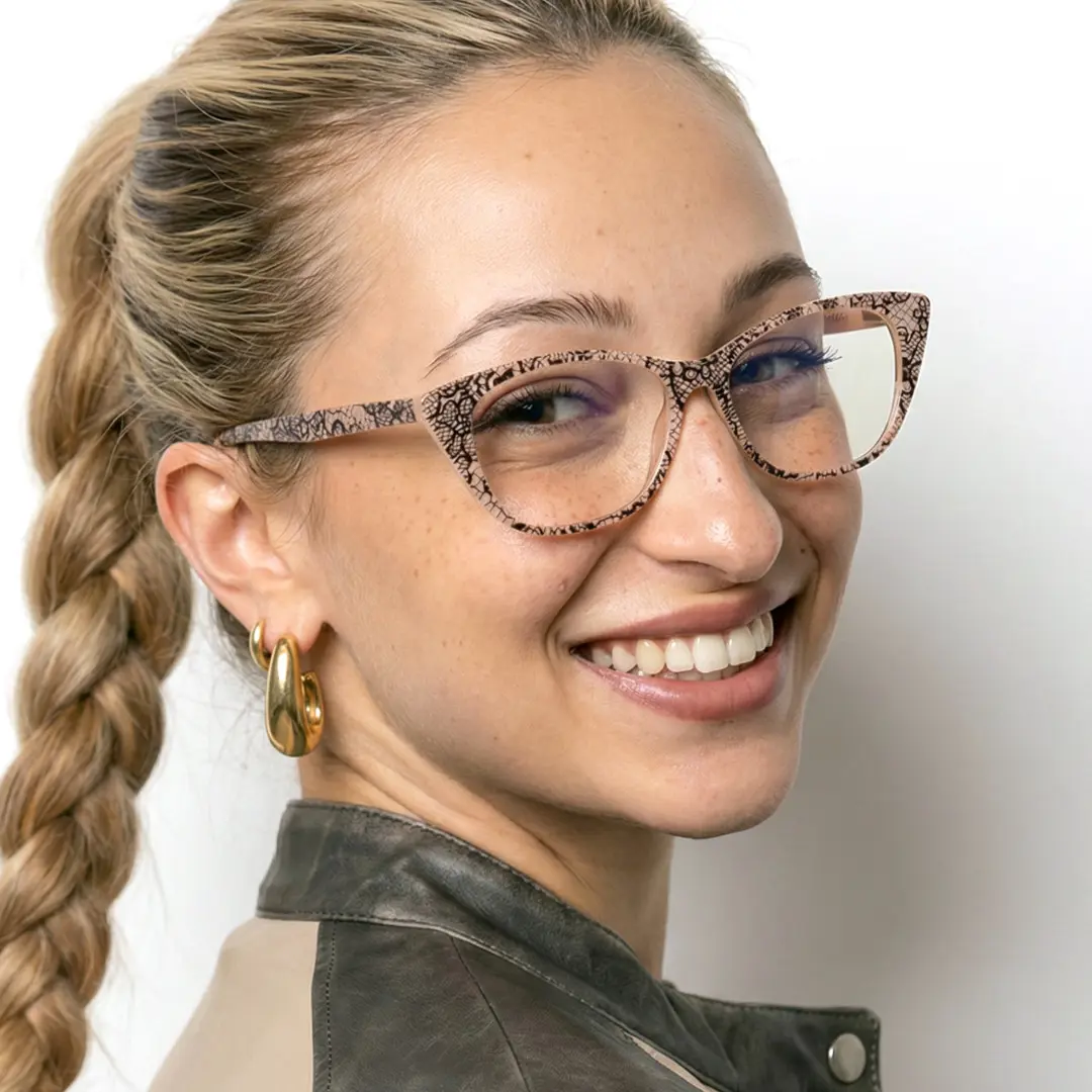 Over-the-shoulder view of female wearing brown cat eye eyeglasses, smiling, CA0012208