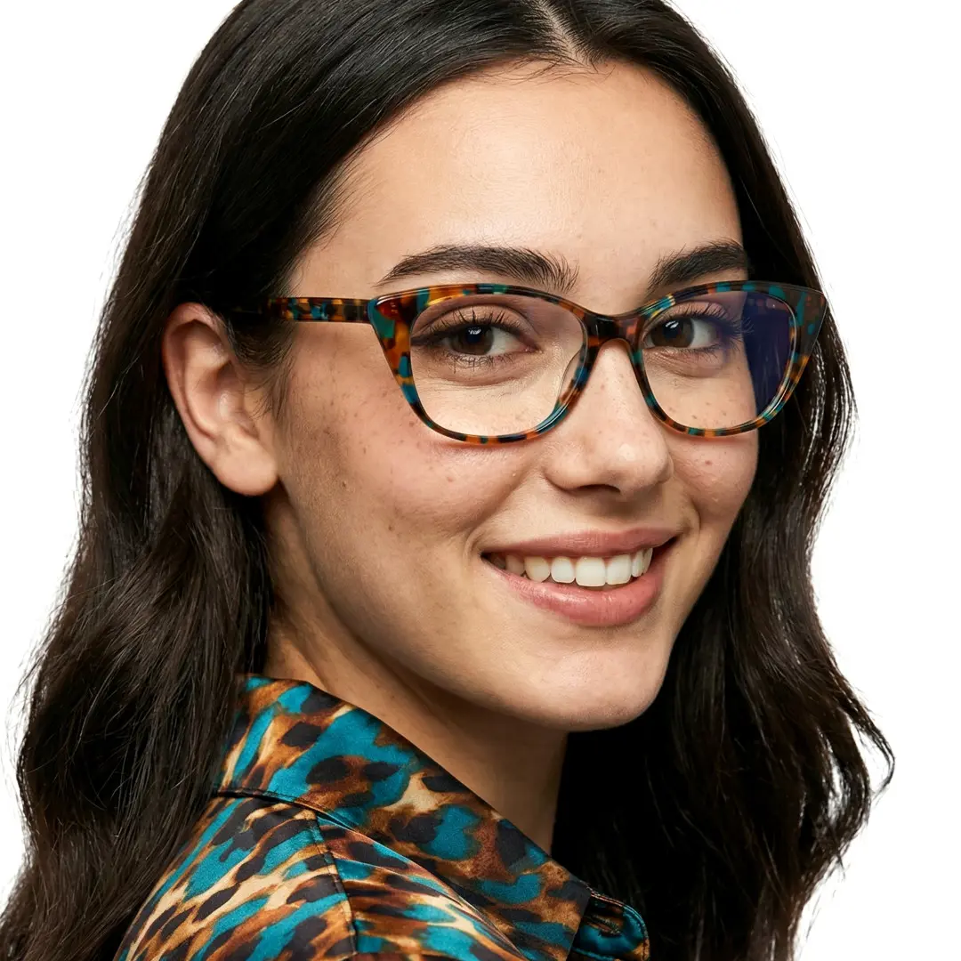 Over-the-shoulder view of female wearing brown tortoise cat eye eyeglasses, smiling, CA0012208