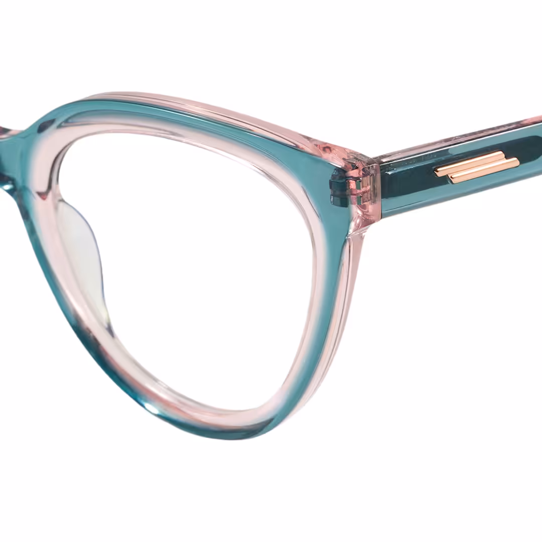 End piece detail of Miea cat eye acetate eyeglasses in blue. SPU: CA0042307