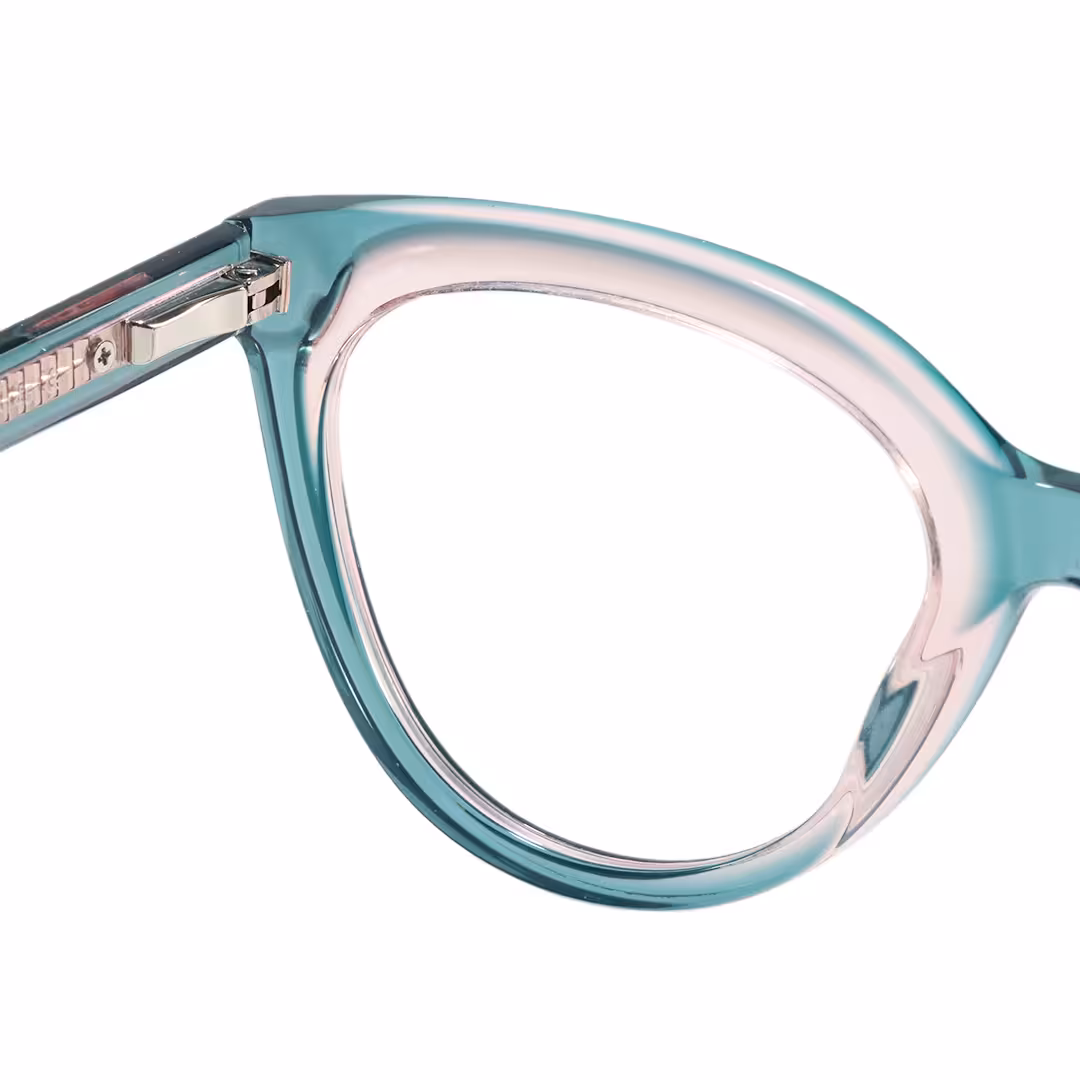 Hinge detail of Miea cat eye acetate eyeglasses in blue. SPU: CA0042307