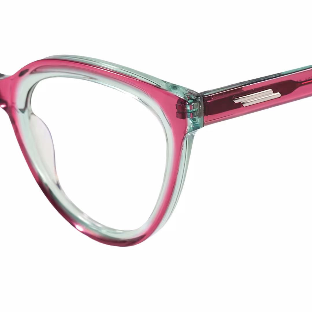 End piece detail of Miea cat eye acetate eyeglasses in pink. SPU: CA0042307