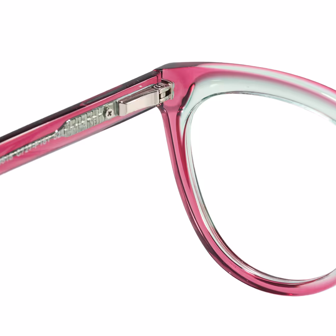 Hinge detail of Miea cat eye acetate eyeglasses in pink. SPU: CA0042307