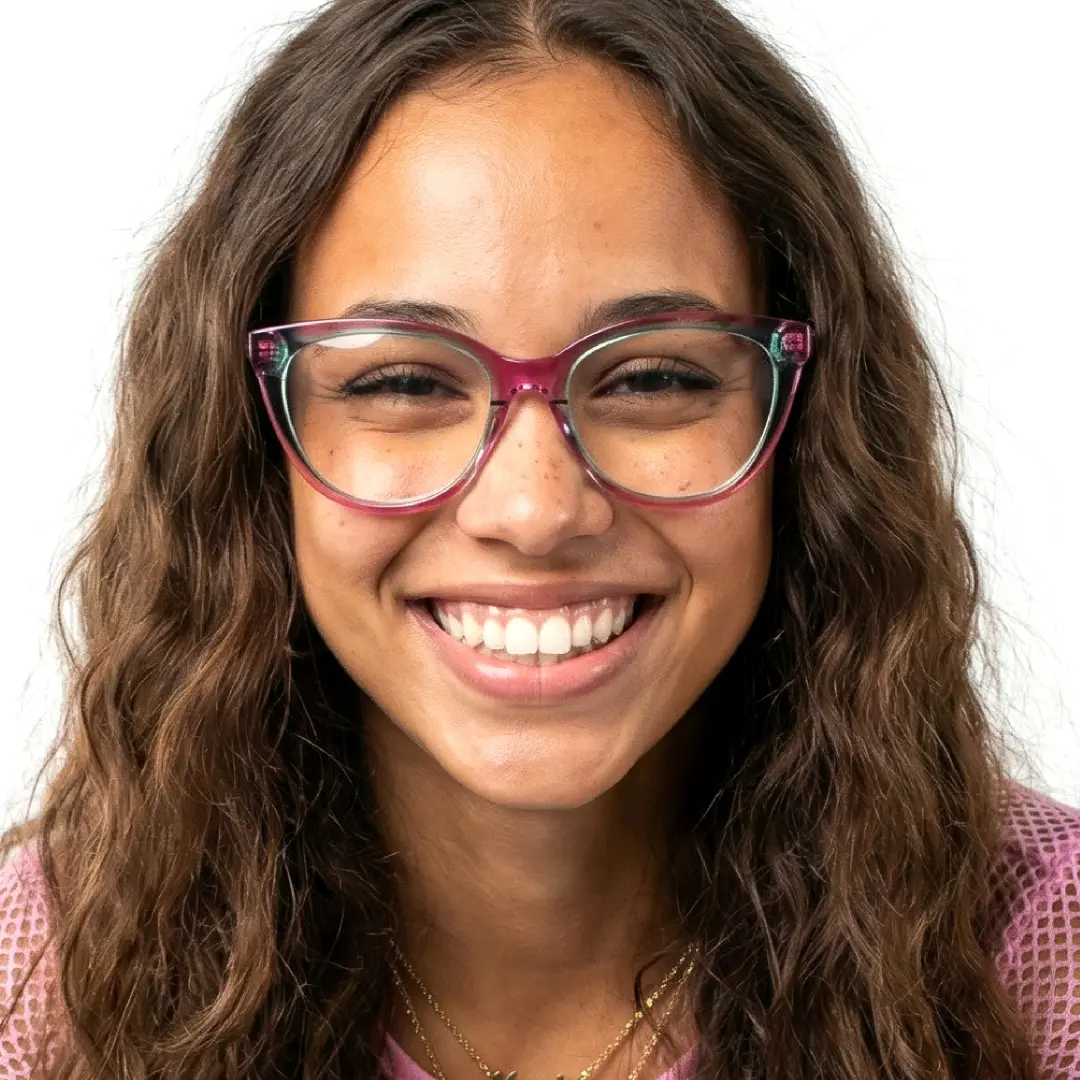 Face close-up view of female wearing pink cat eye eyeglasses, big smile, CA0042307