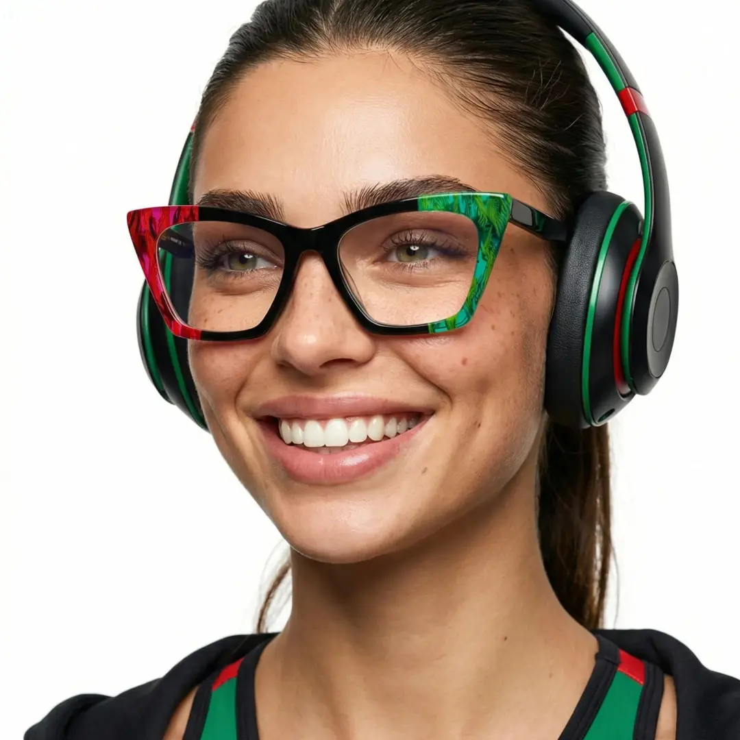 Profile view of female wearing multicolor cat eye eyeglasses, smiling, CA0072311