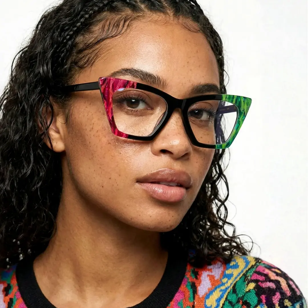 Three-quarter view of female wearing multicolor cat eye eyeglasses, calm expression, CA0072311