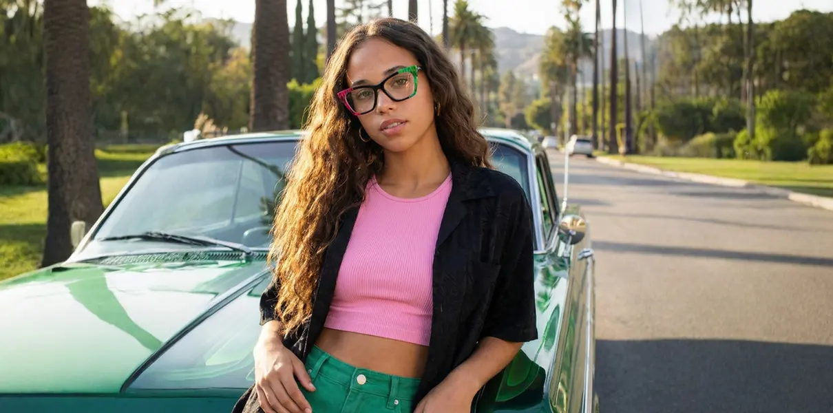 Female model wearing colorful glasses black round acetate eyeglasses in a California street at sunset. SPU: CA0072311