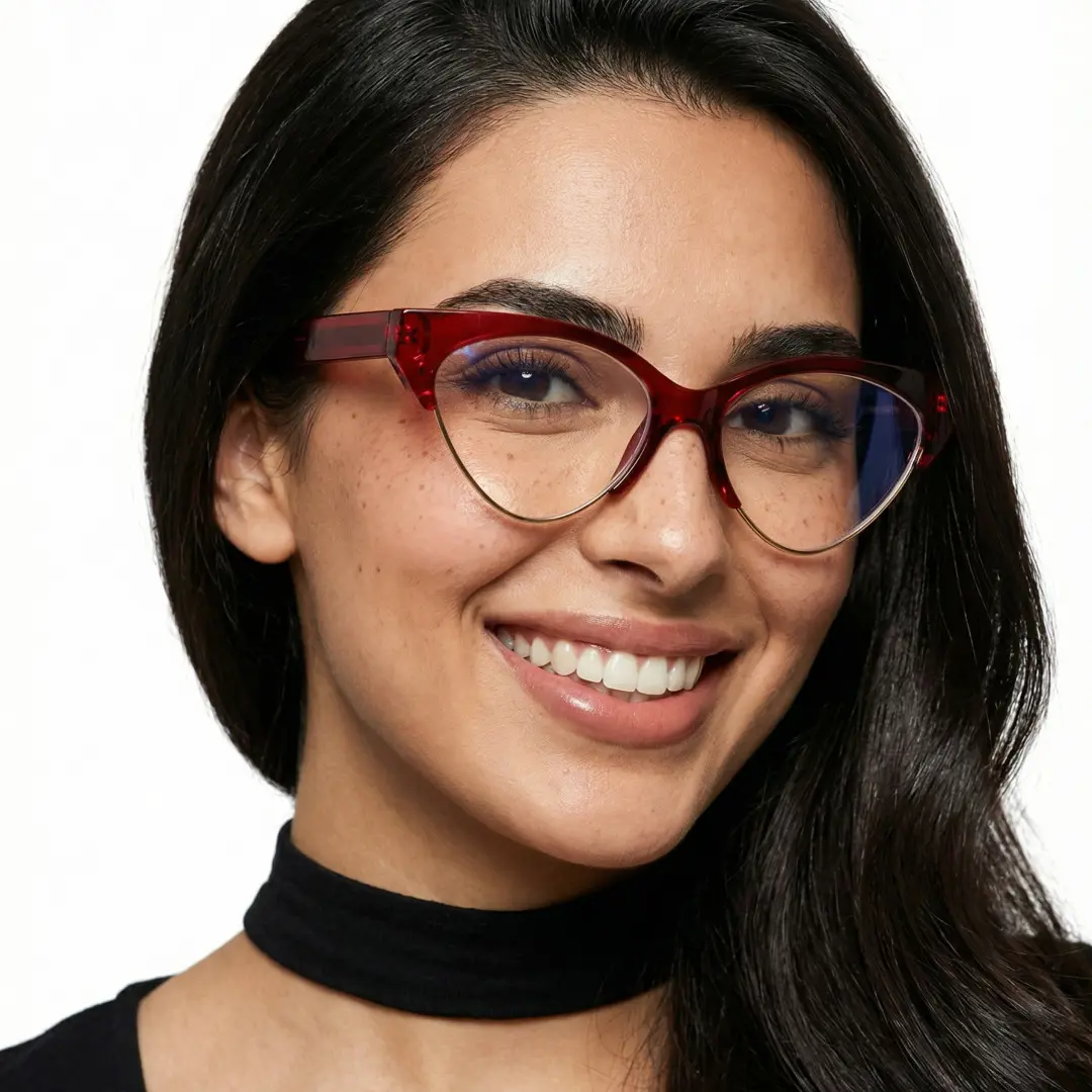 Profile view of female wearing red cat eye eyeglasses, smiling, CA0092302