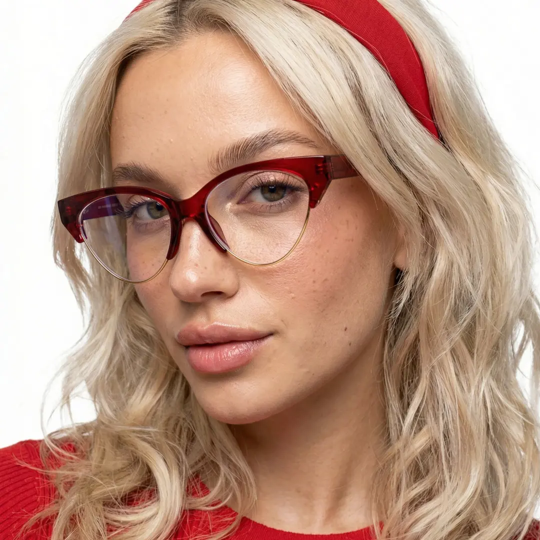 Slightly angled view of female wearing vintage red cat eye eyeglasses, natural expression, CA0092302