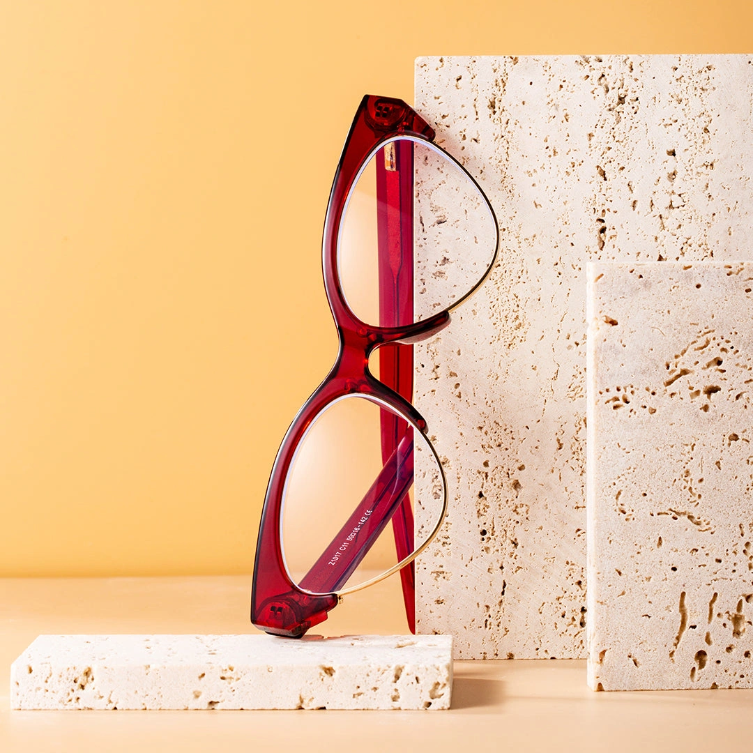 Scene close-up view of Fanty vintage cat eye acetate eyeglasses CA0092302 in red