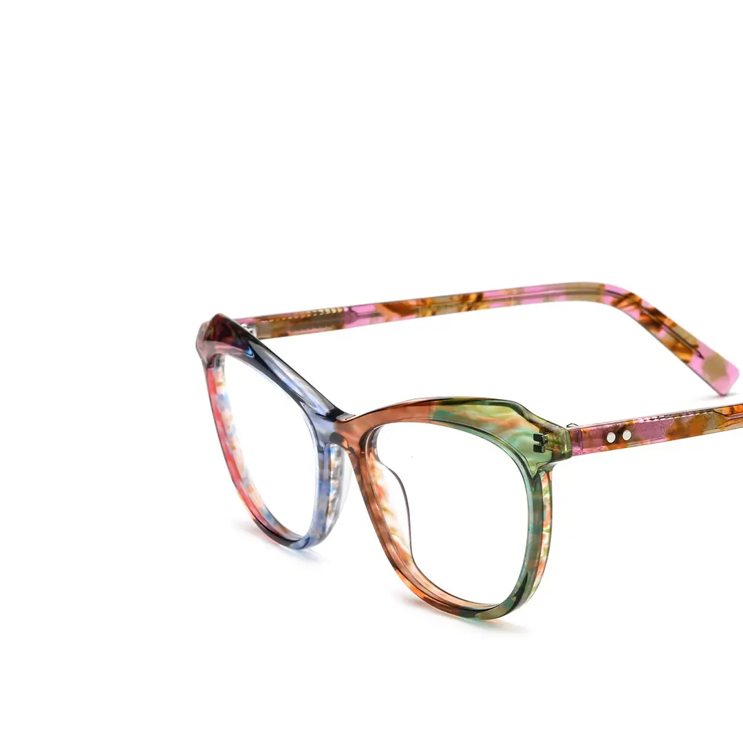 End piece detail of Tianay colorful cat eye acetate eyeglasses in multicolor. SPU: CA0092306
