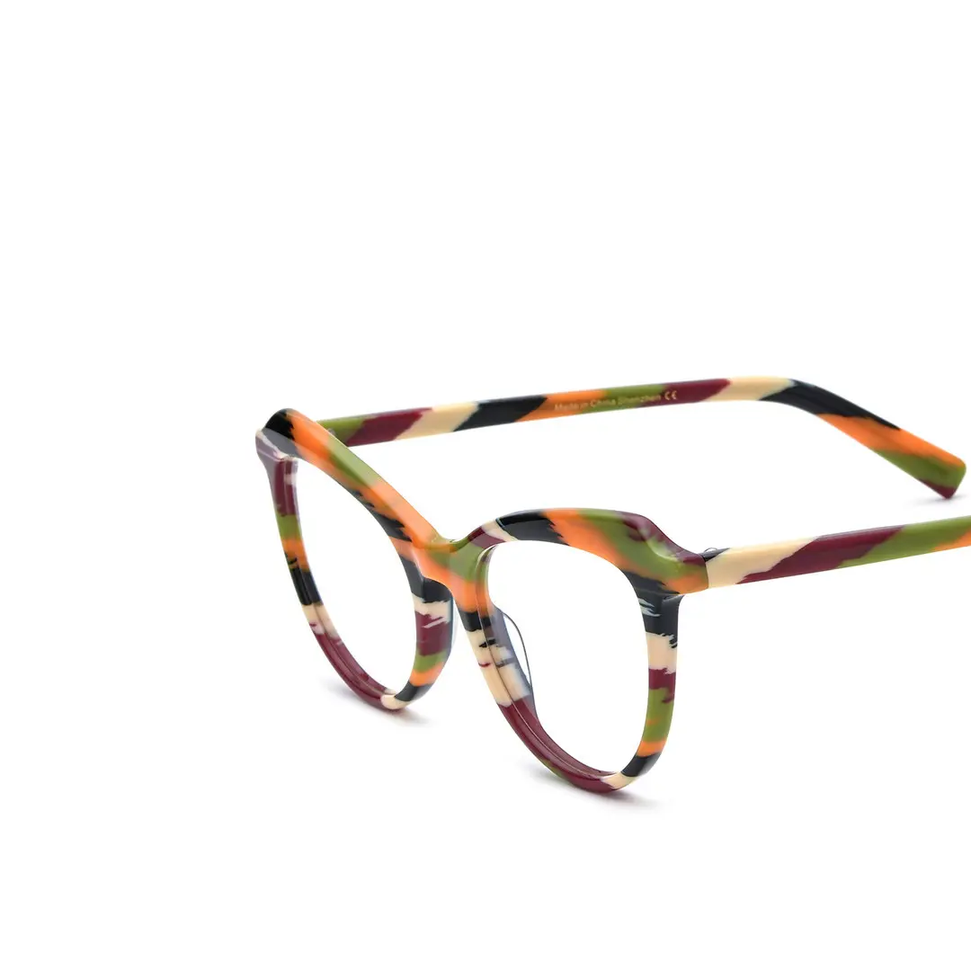 End piece detail of Tianay colorful cat eye acetate eyeglasses in orange. SPU: CA0092306