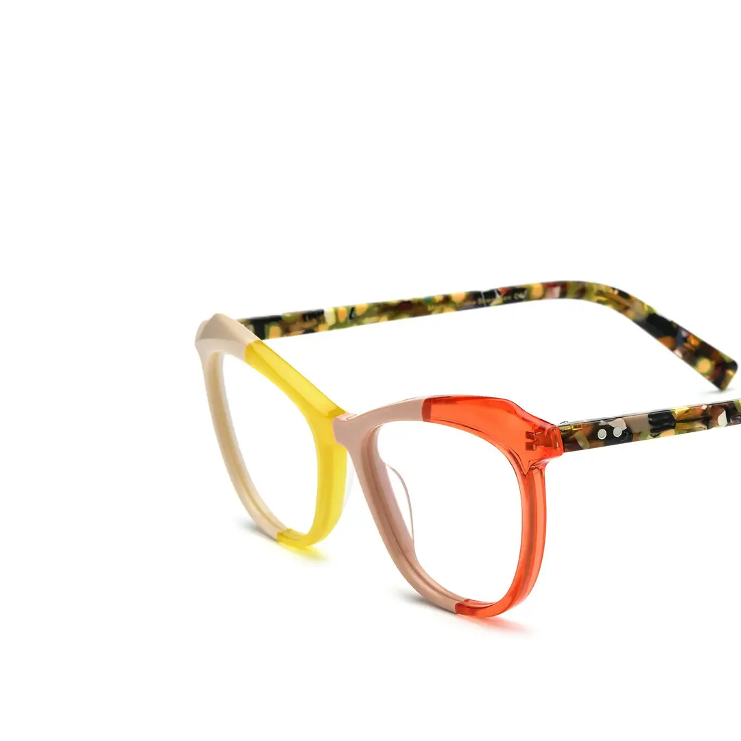 End piece detail of Tianay colorful cat eye acetate eyeglasses in yellow. SPU: CA0092306