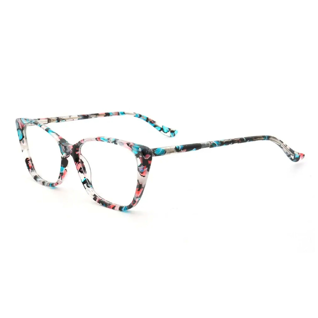 Angle view of Sacob colorful cat eye acetate eyeglasses CA0092307 in blue tortoise