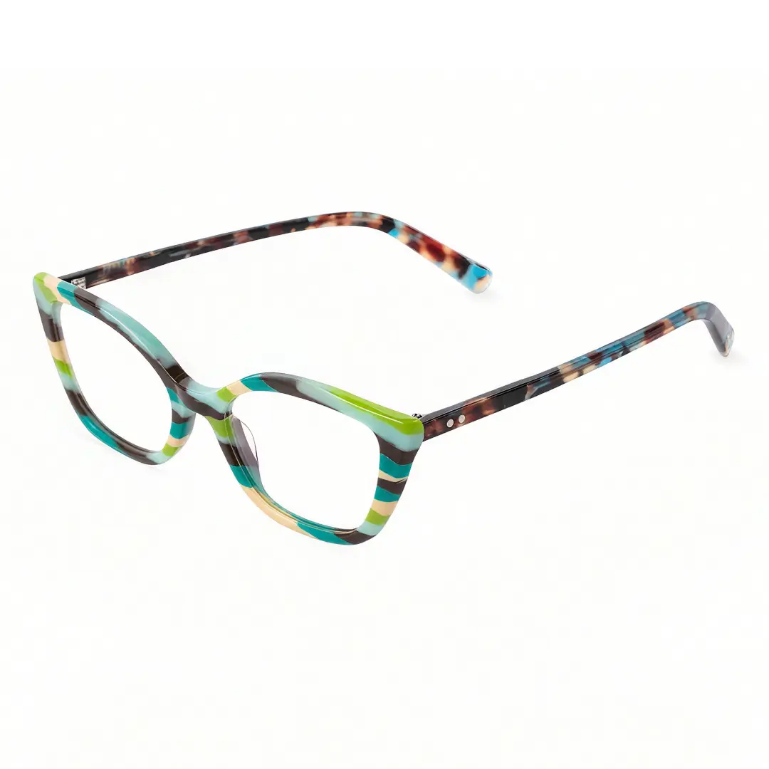 Angle view of Ben colorful cat eye acetate eyeglasses in green. SPU: CA0102306