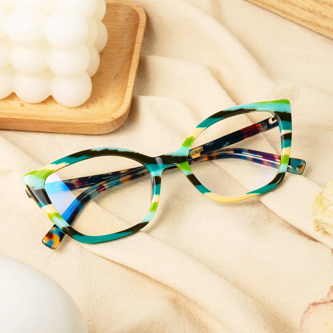 Scene view of ben colorful cat eye acetate eyeglasses in green. SPU: CA0102306