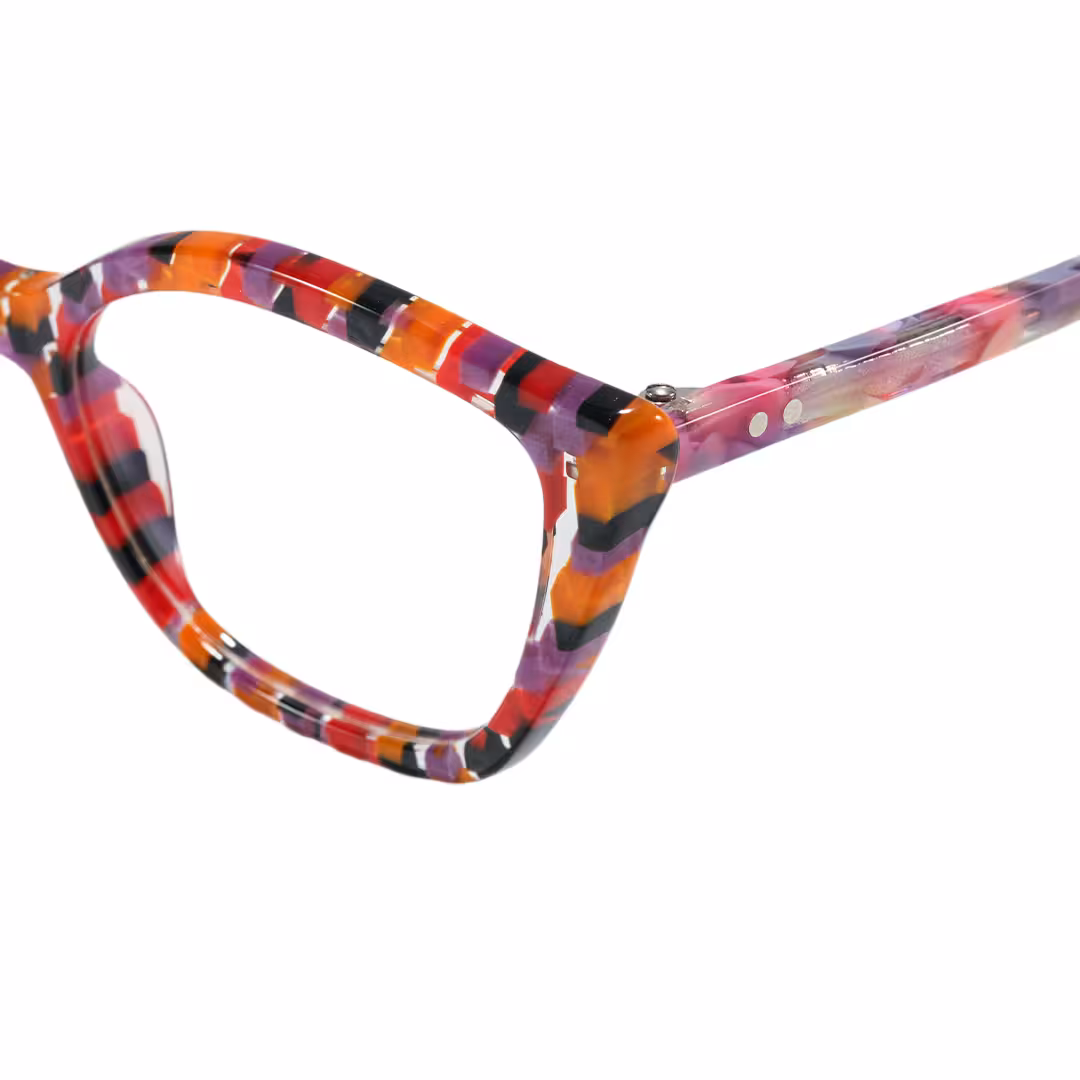End piece detail of Ben colorful cat eye acetate eyeglasses in purple. SPU: CA0102306