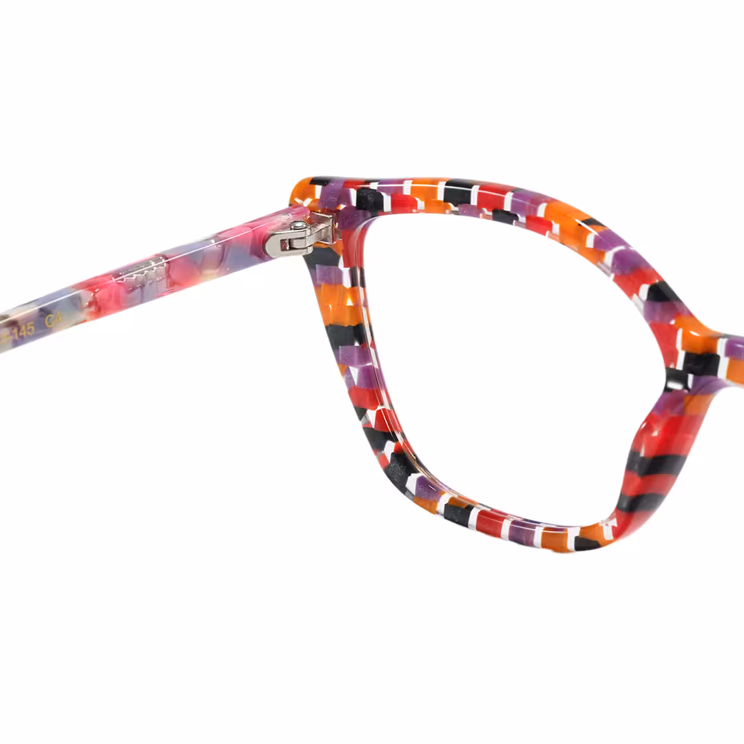 Hinge detail of Ben colorful cat eye acetate eyeglasses in purple. SPU: CA0102306