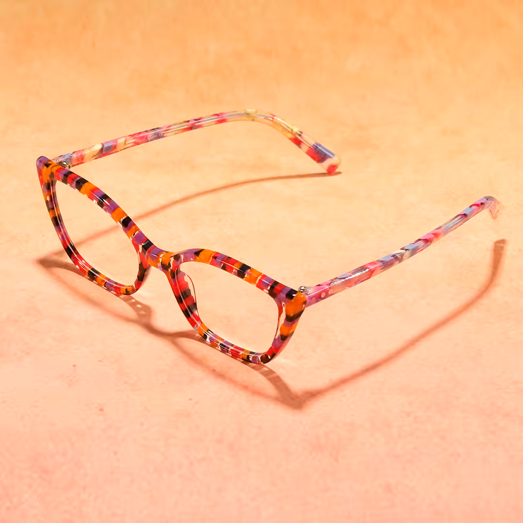 Scene close-up view of Ben colorful cat eye acetate eyeglasses in purple. SPU: CA0102306