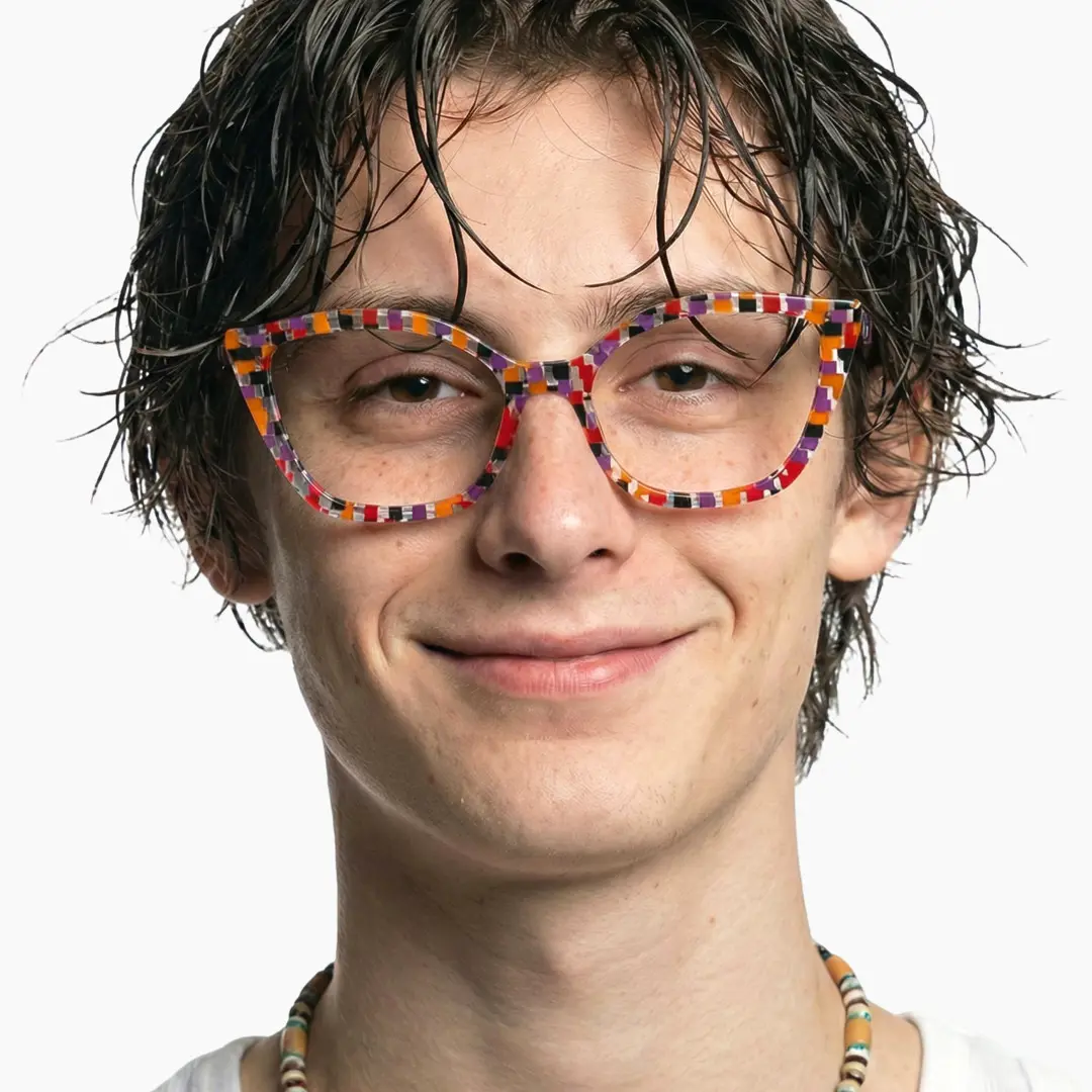 Front view of male wearing purple cat eye eyeglasses, neutral expression, CA0102306