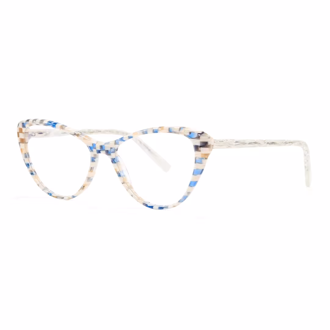 Angle view of Beny colorful cat eye acetate eyeglasses CA0132310 in blue