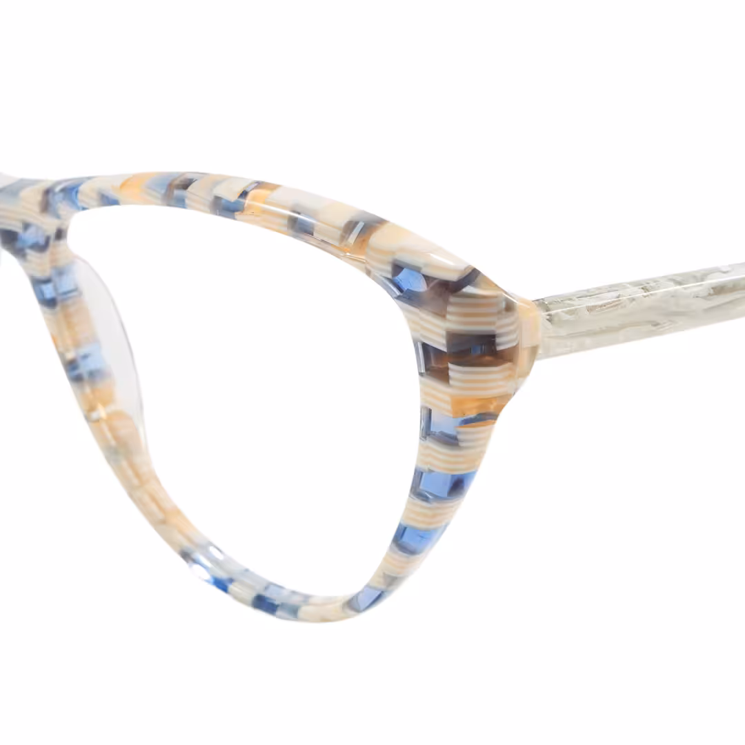 End piece detail of Beny colorful cat eye acetate eyeglasses in blue. SPU: CA0132310