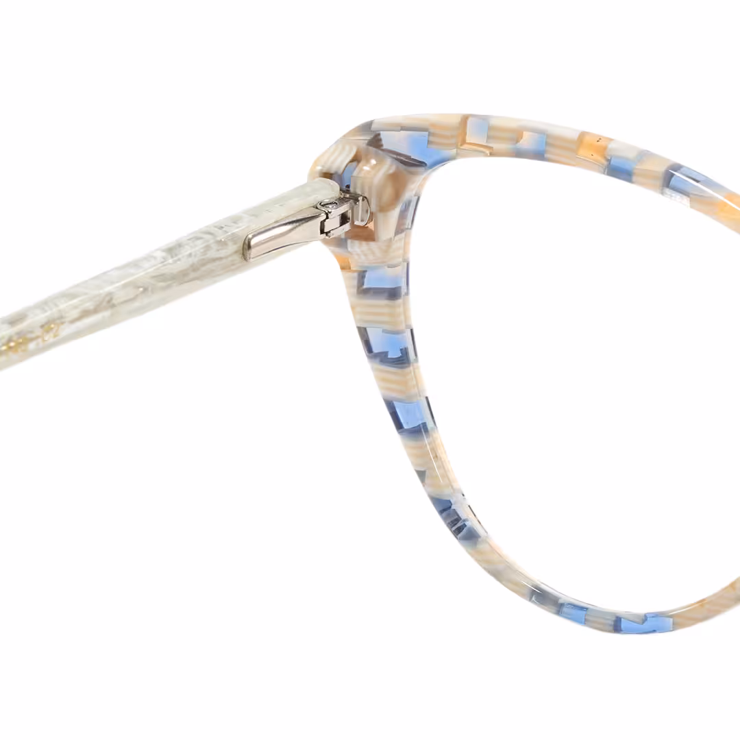 Hinge detail of Beny colorful cat eye acetate eyeglasses in blue. SPU: CA0132310