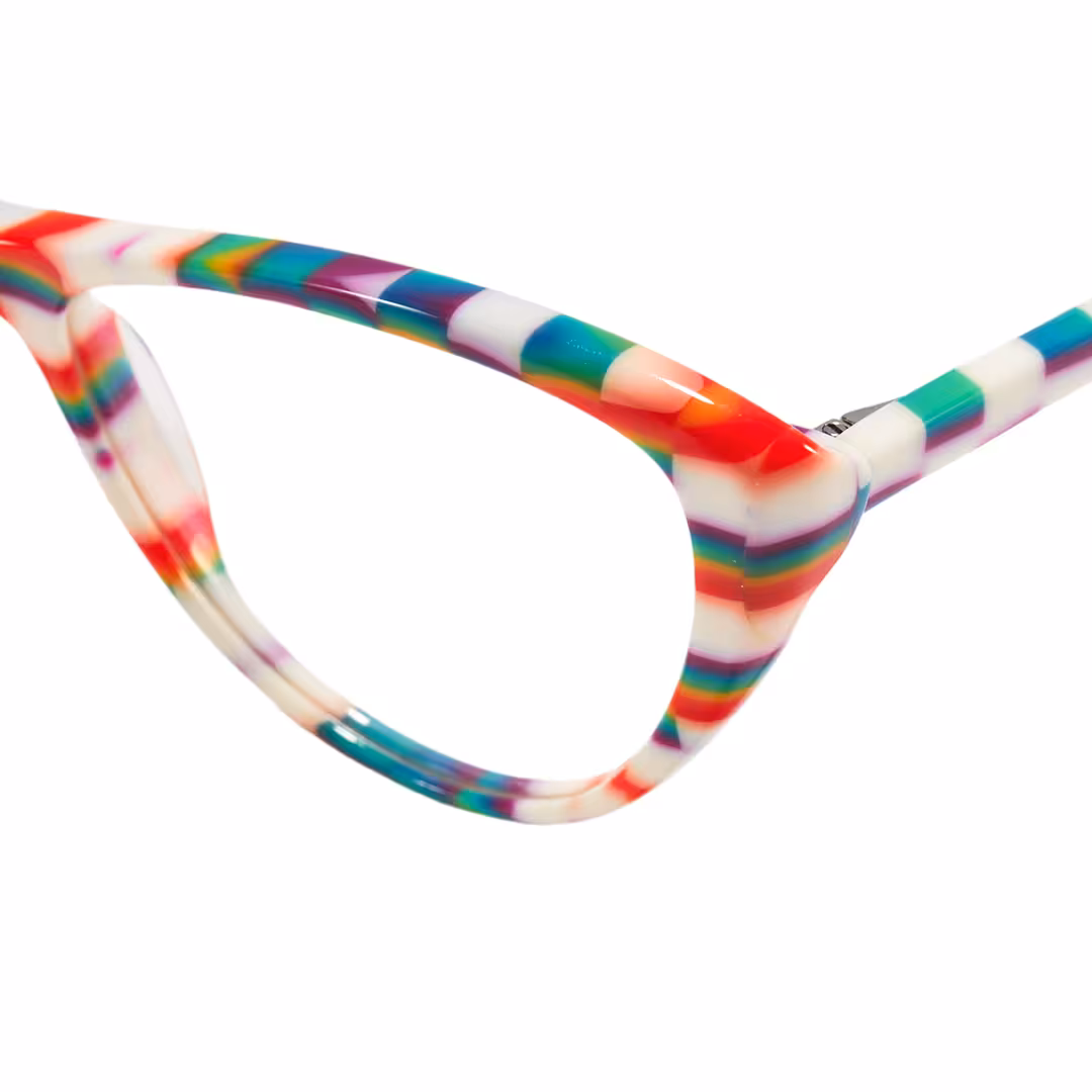 End piece detail of Beny colorful cat eye acetate eyeglasses in multicolor. SPU: CA0132310