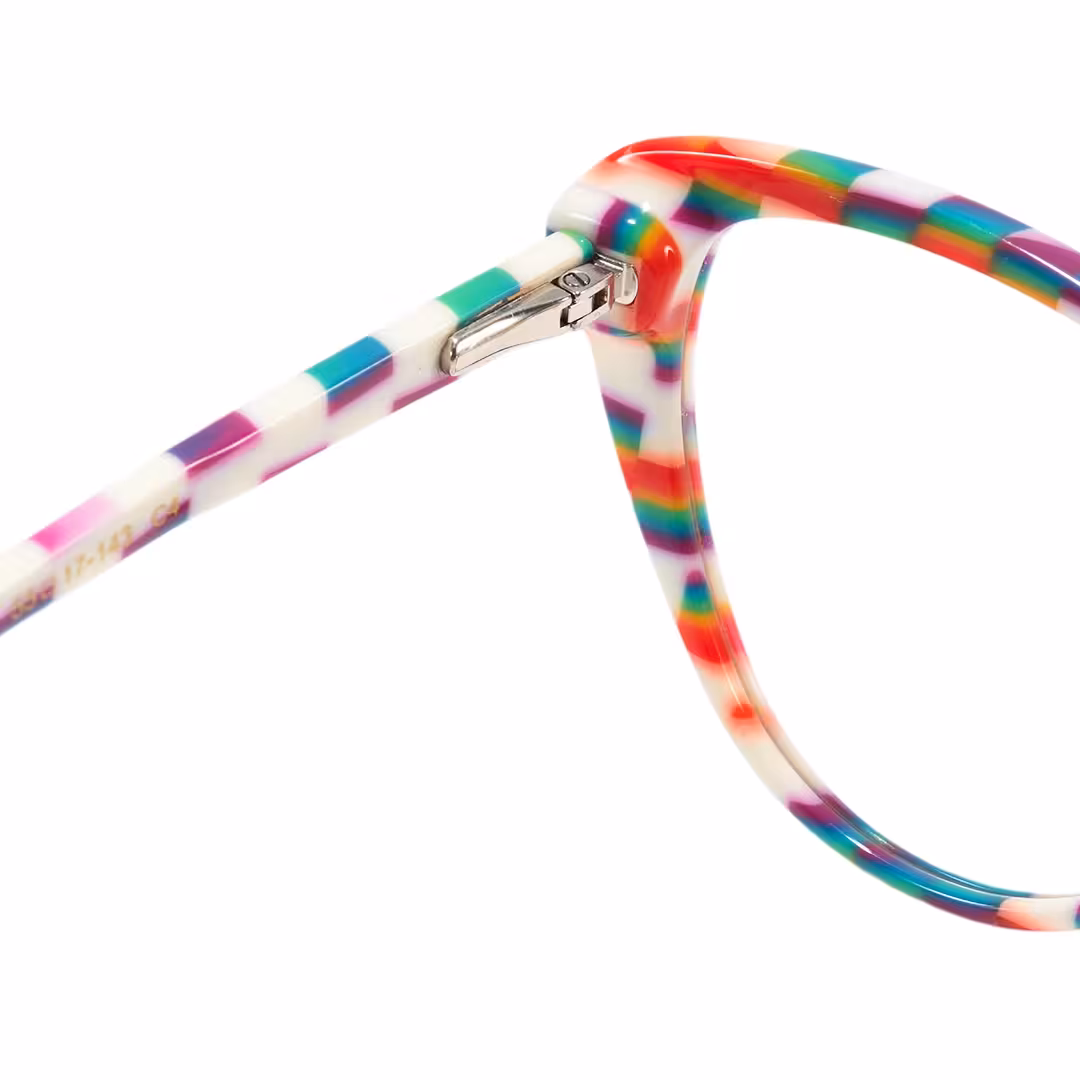 Hinge detail of Beny colorful cat eye acetate eyeglasses in multicolor. SPU: CA0132310