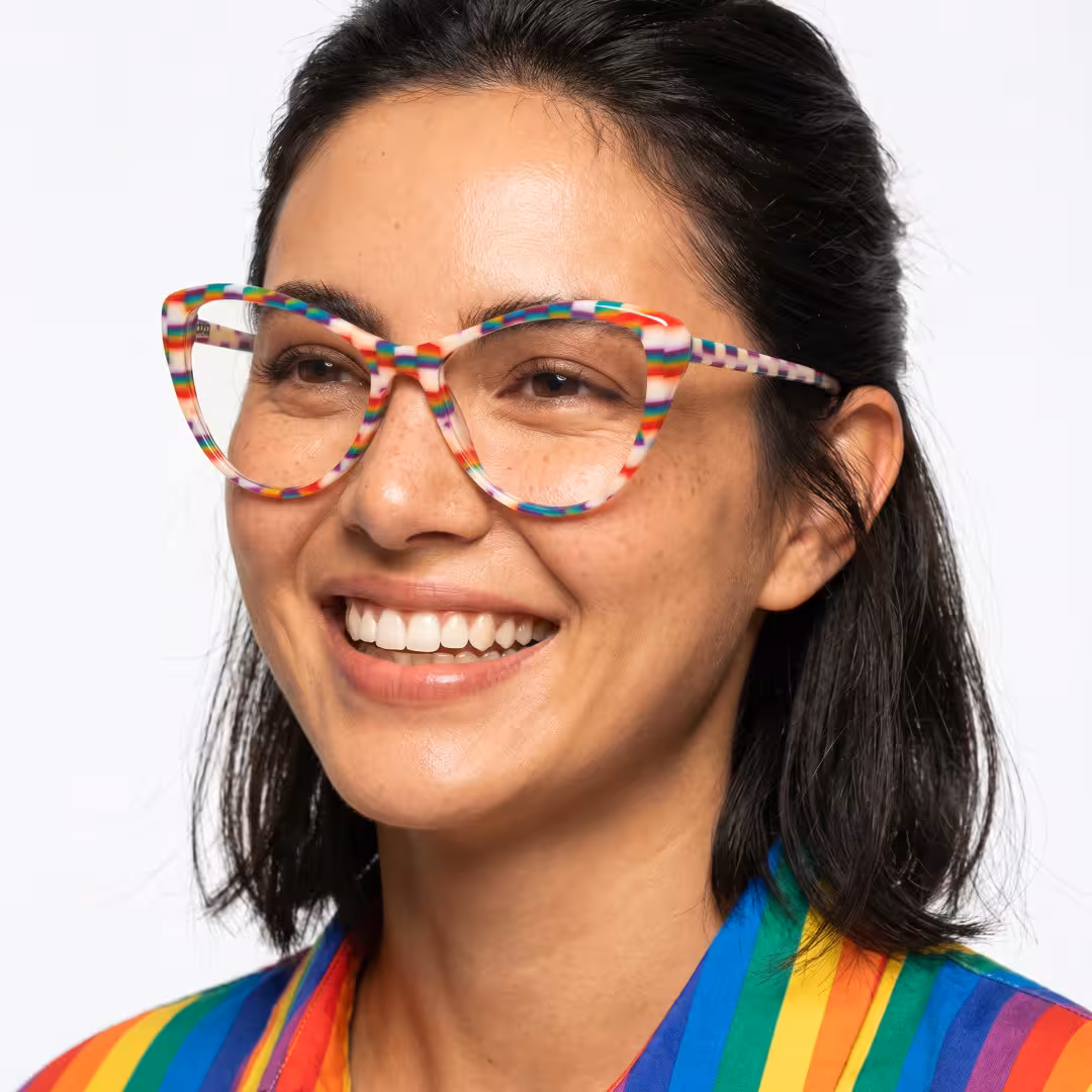 Female wearing colorful multicolor cat eye acetate eyeglasses, smiling. SPU: CA0132310