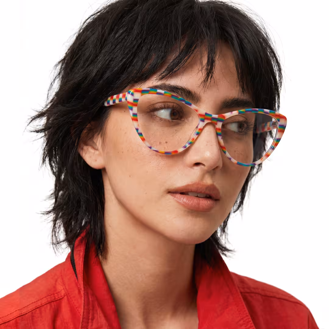 Three-quarter view of female wearing colorful multicolor cat eye eyeglasses, natural expression, CA0132310