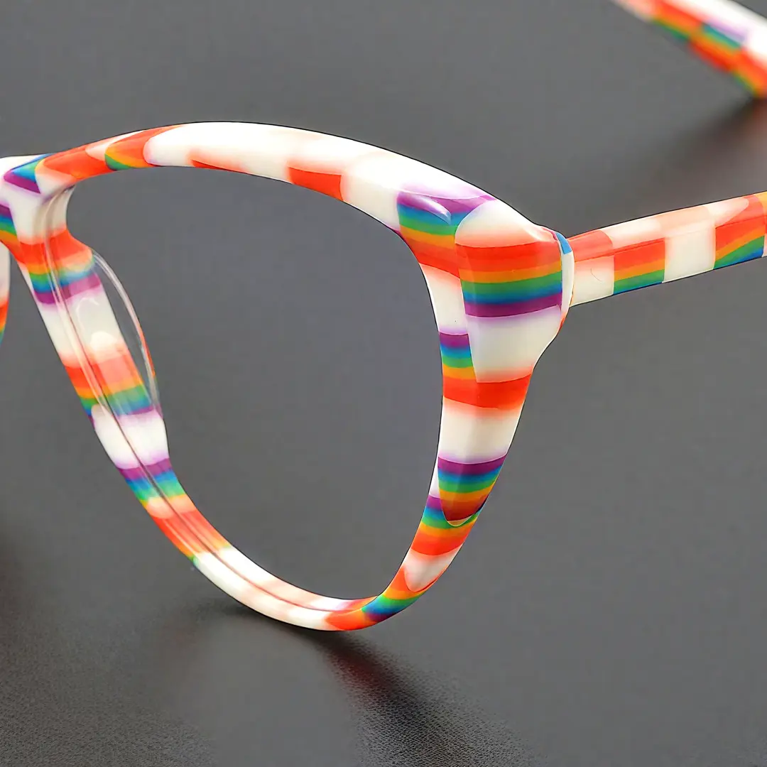 Scene close-up view of Beny colorful cat eye acetate eyeglasses CA0132310 in multicolor