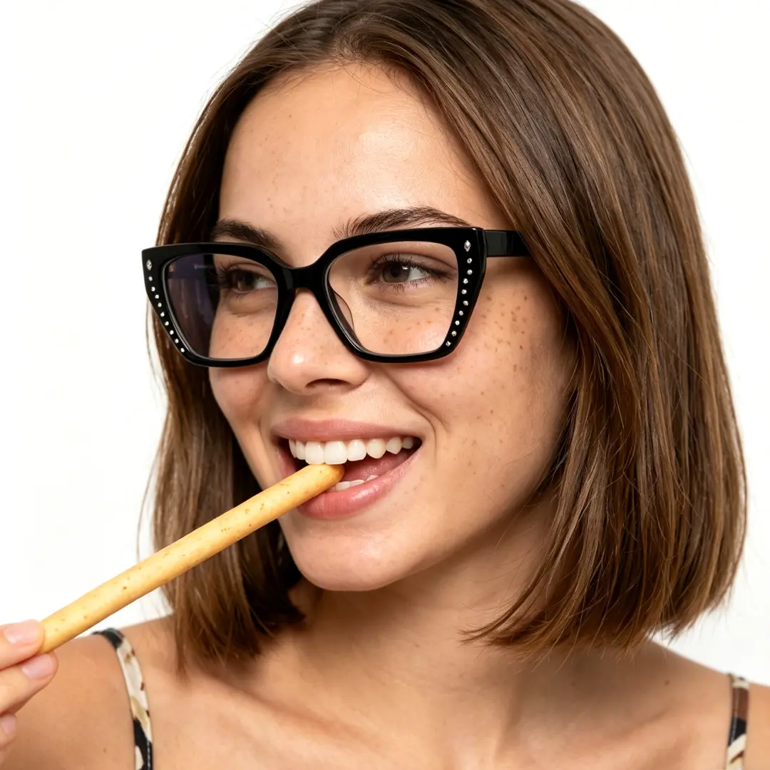 Three-quarter view of female wearing black cat eye eyeglasses, smiling, CA0152604