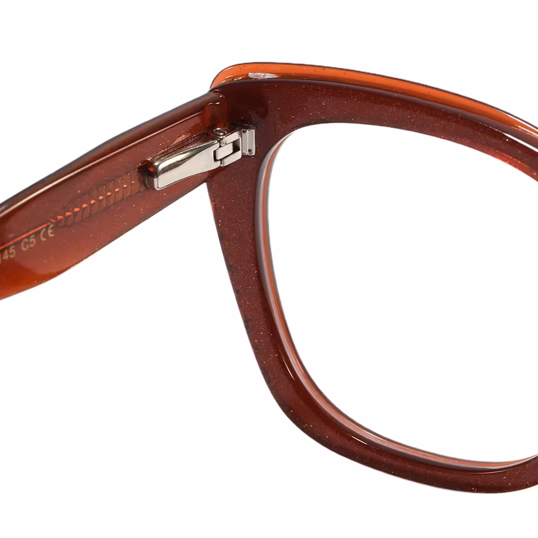 Hinge detail of Celeste cat eye acetate eyeglasses CA0152605 in red