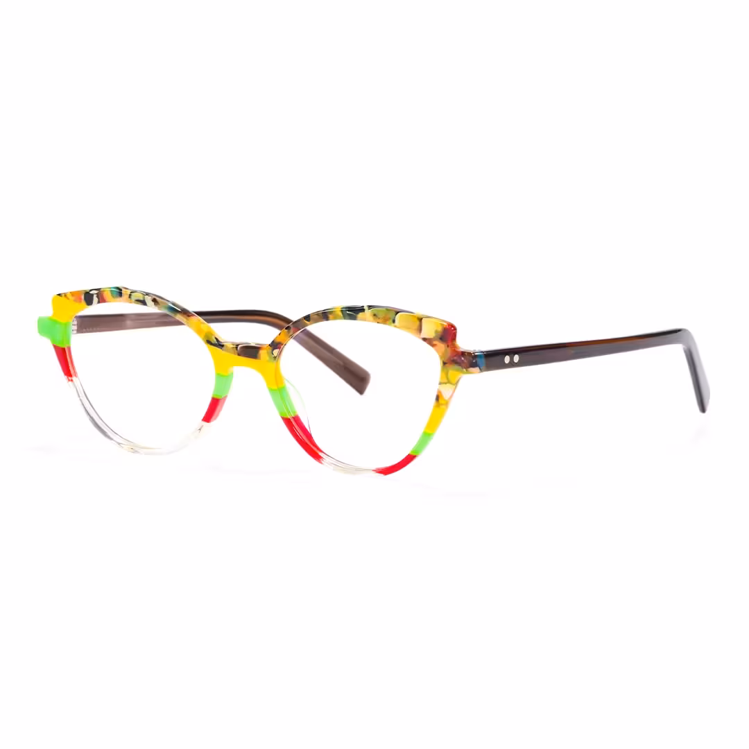 Angle view of Prince colorful cat eye acetate eyeglasses in multicolor. SPU: CA0222306
