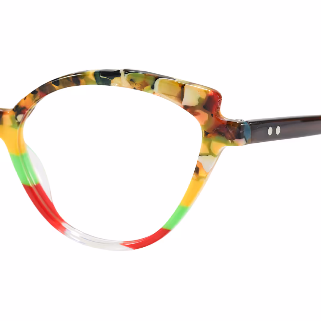 End piece detail of Prince colorful cat eye acetate eyeglasses in multicolor. SPU: CA0222306