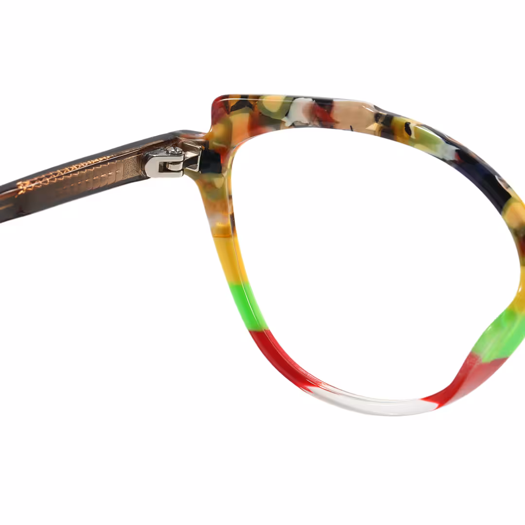 Hinge detail of Prince colorful cat eye acetate eyeglasses in multicolor. SPU: CA0222306