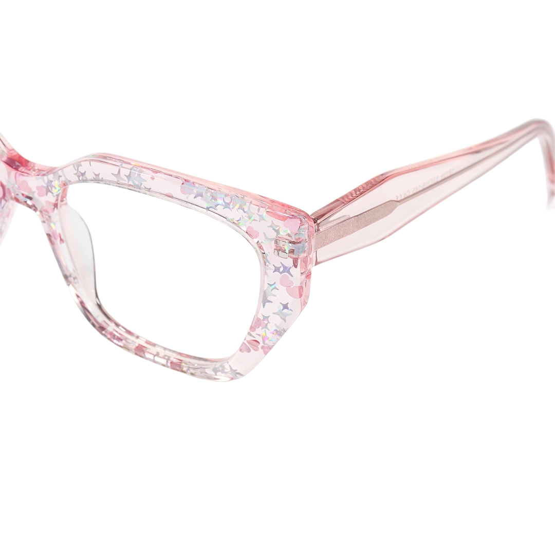 End piece detail of Nola fashion cat eye acetate eyeglasses CA0282601 in pink