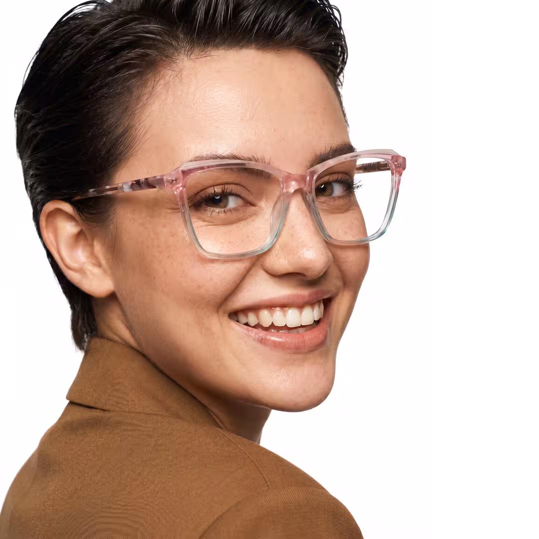 Female wearing colorful pink cat eye acetate eyeglasses, smiling. SPU: CA0332605