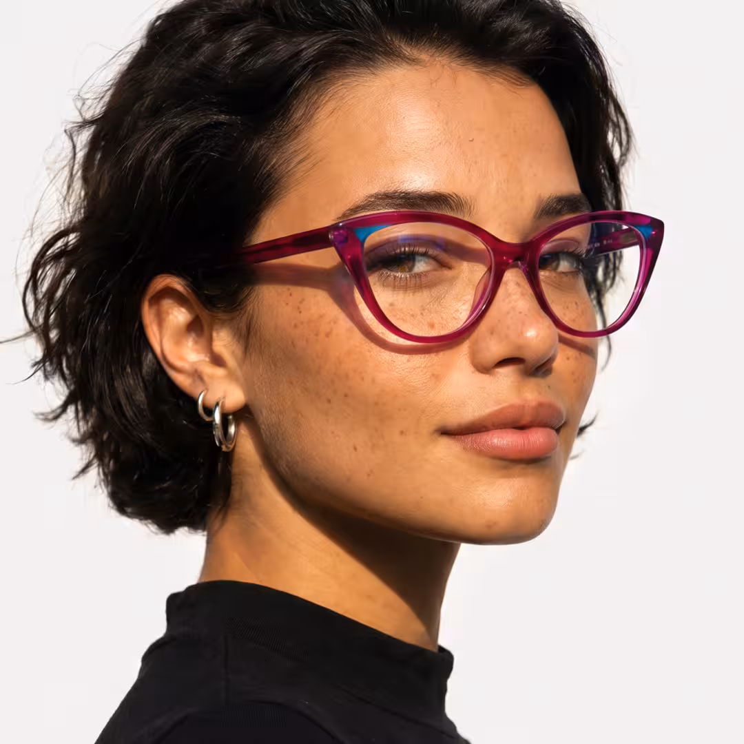 Female wearing colorful purple cat eye acetate eyeglasses, natural smile. SPU: CA0362605