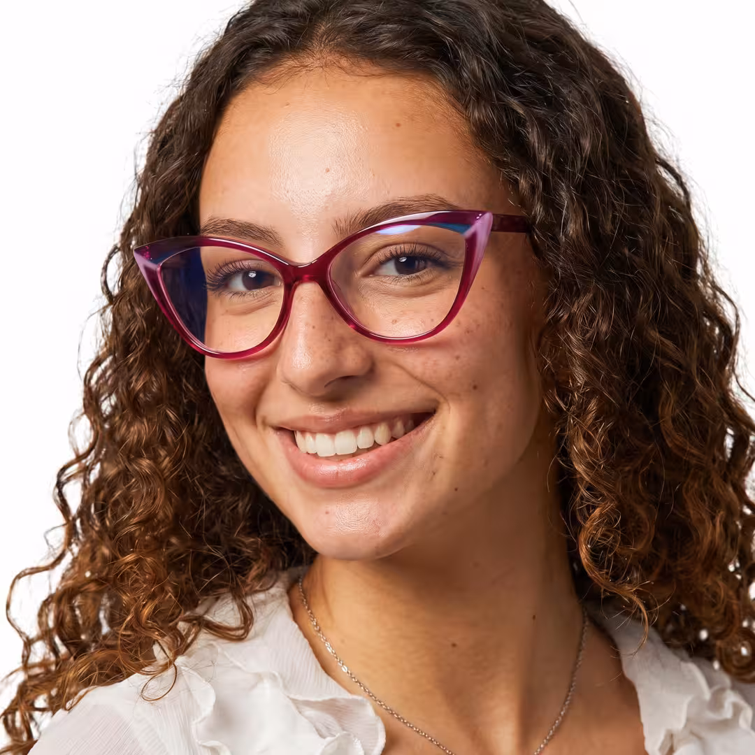 Female wearing colorful purple cat eye acetate eyeglasses, smiling. SPU: CA0362605