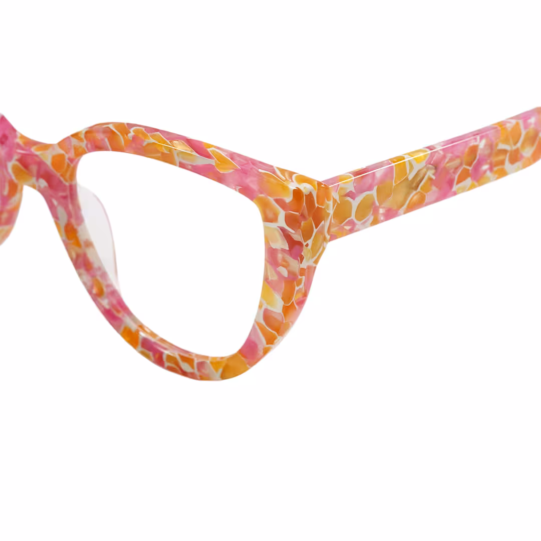 End piece detail of Whisper colorful cat eye acetate eyeglasses CA0392605 in multicolor