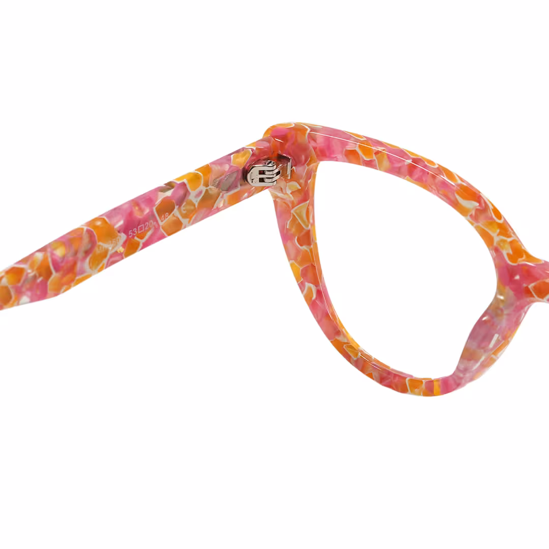 Hinge detail of Whisper colorful cat eye acetate eyeglasses CA0392605 in multicolor